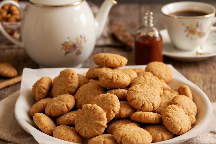 Ginger snap cookies arranged artfully with tea cup and molasses bottle, natural lighting