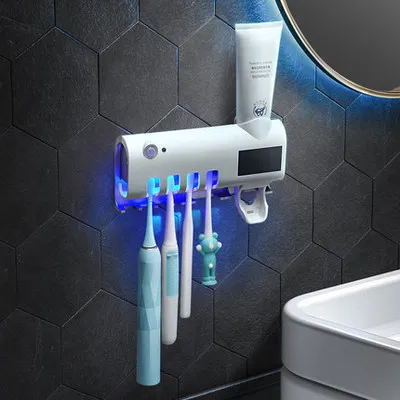 

Home Solar Energy No Need To Charge UV Toothbrush Holder Dispenser tooth paste dispenser with toothbrush holder, White