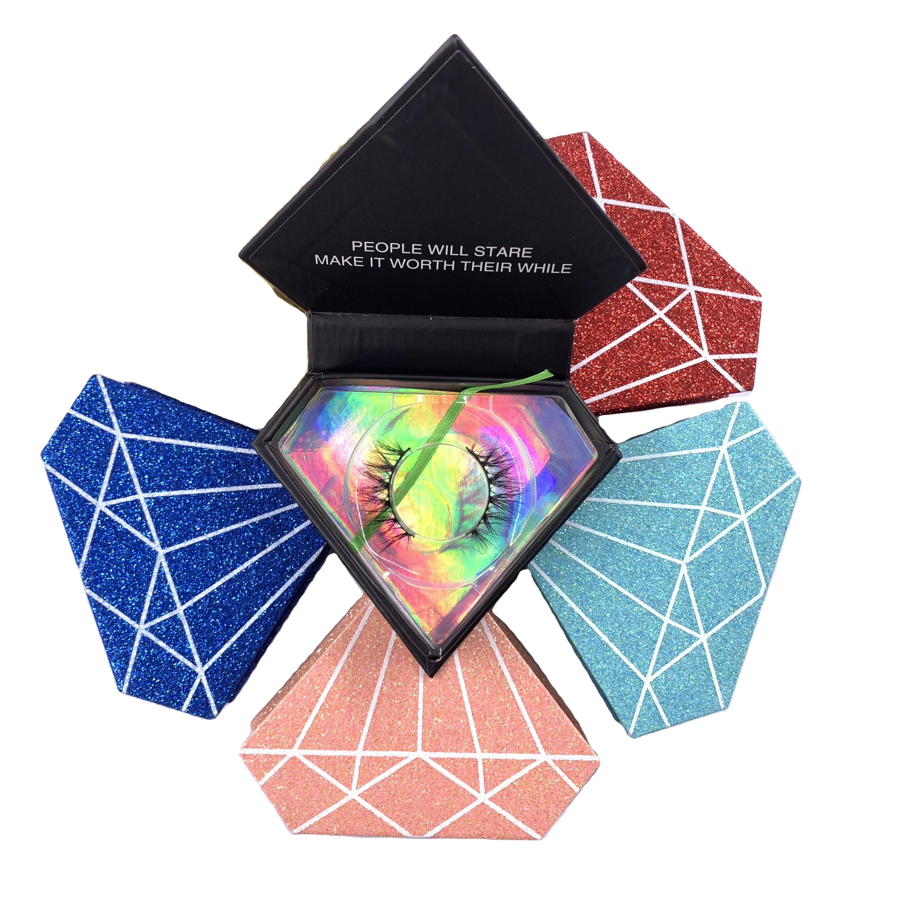 

Private Label Custom Glitter Logo Paper Diamond Shape Lashbox 3d Mink Eyelashes Packaging