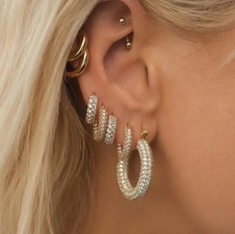 

Fine Jewelry Antique Gold Cubic Pave Hoops CZ Stones Diamond Earrings Micro Pave Hoop earrings CZ Huggie Hoops
