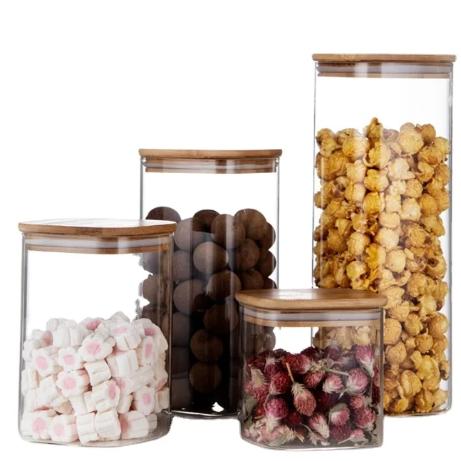 

Lid Bulk Food Container Set Organization Mason Jar Factory Hot Sale High Borosicliate Square Glass with Bamboo Cover Transparent