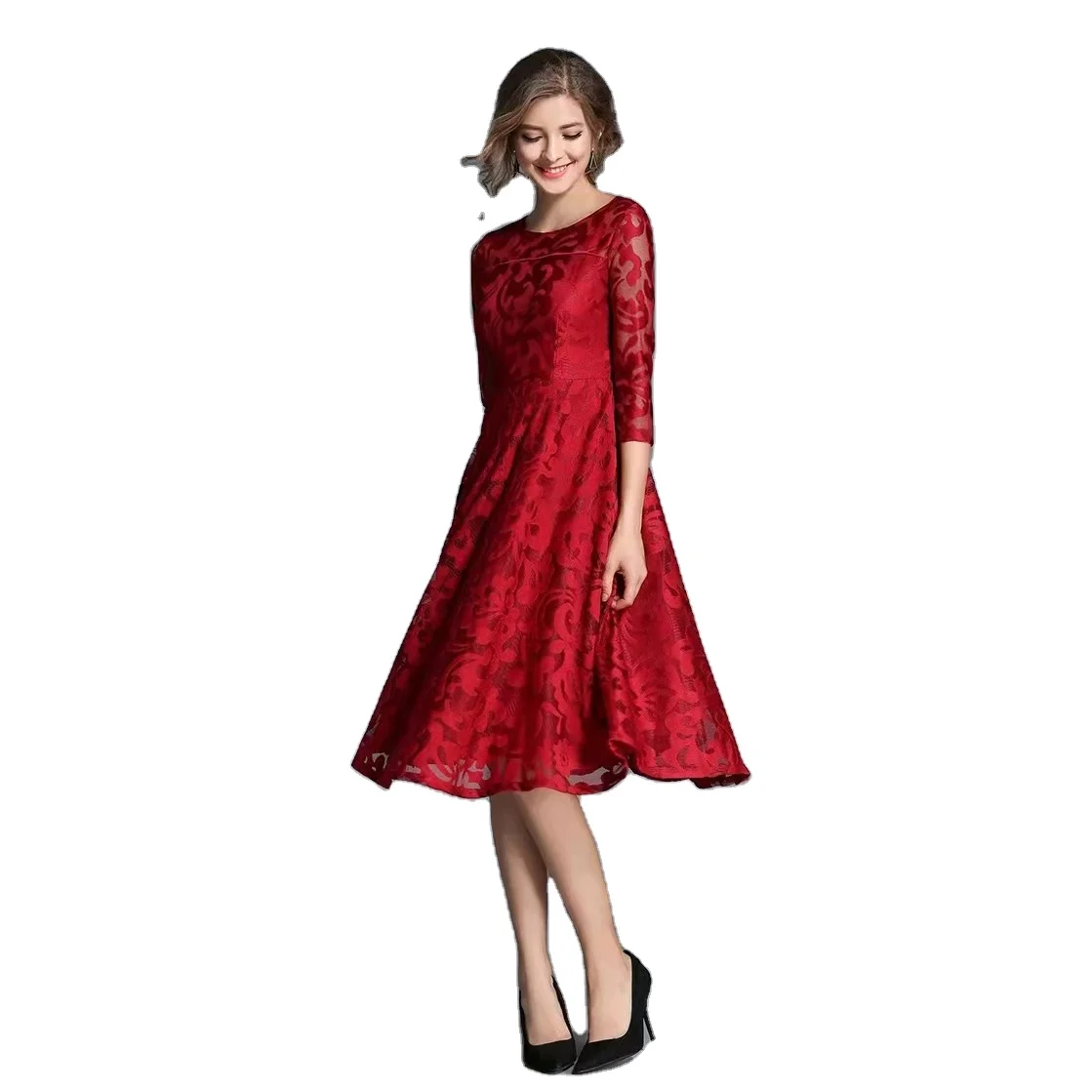 

Solid Black Red Blue Lace Round Neck Great Temperament Lady Street Wear Midi Dress, Picture shown