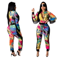 

Women clothing casual mix color zipper outfit jacket digital printed coloured fringed trouser suit pants FM-S3687