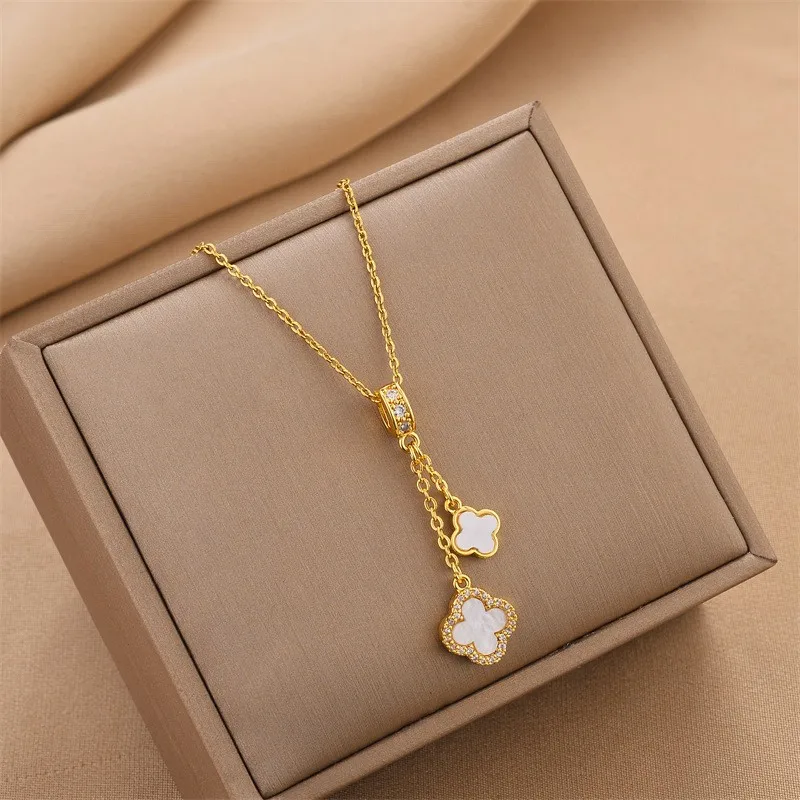 

2023 Fashion simple micro inset zircon tassel four-leaf Clover pendant necklace