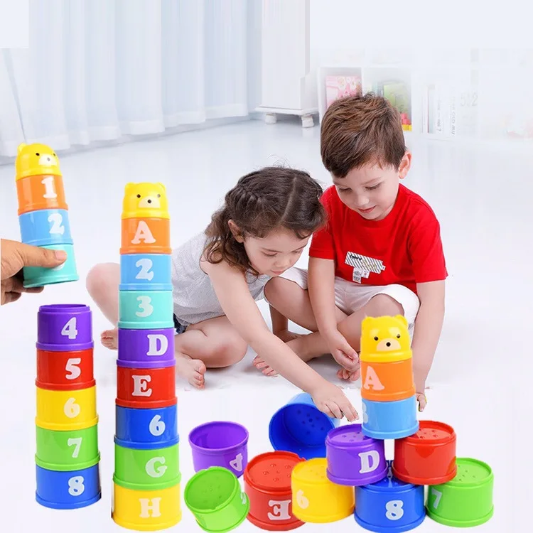 

2022 Wholesale Rainbow Baby Plastic stacking Stack Cups Bathtub Toys for Kids Stack up Baby Cups