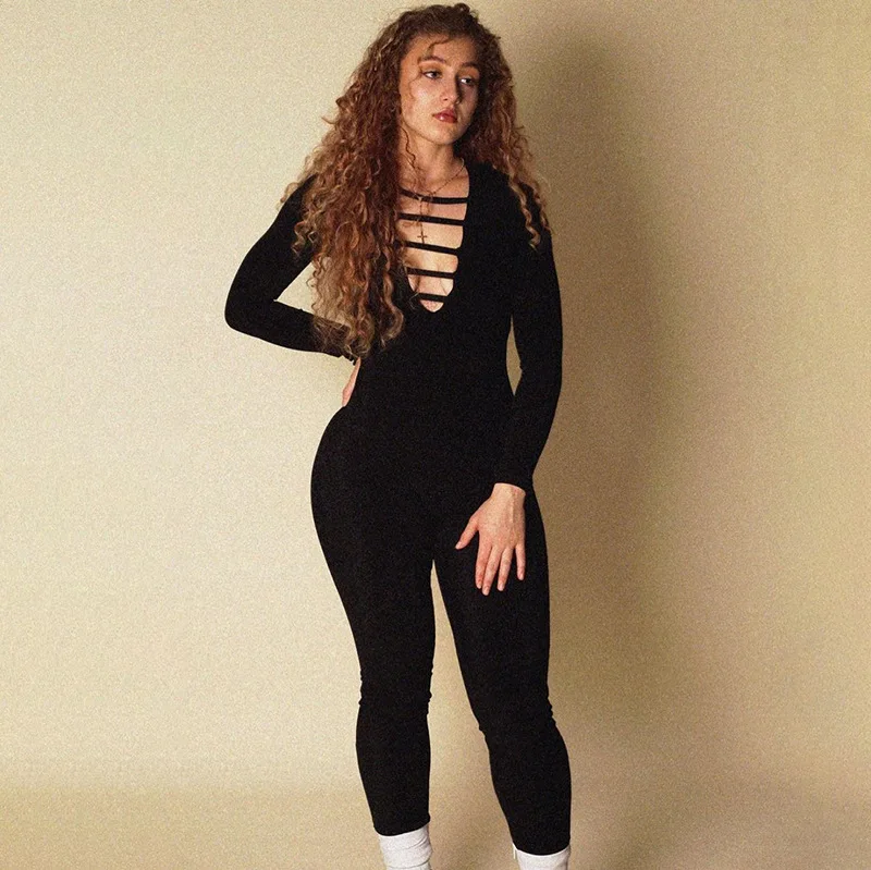 

Hollow Out Fall Sexy Sheer Bodysuit Woman Casual Long Sleeve Party Club Backless Jumpsuits, Picture color