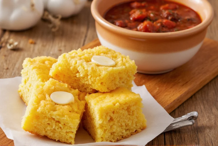 golden cornbread squares with butter melting on top next to bowl of chili