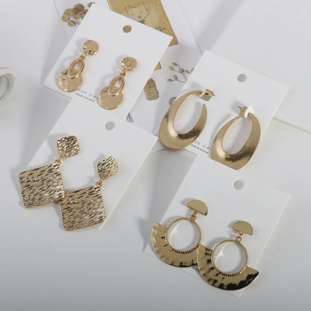 

JUHU 2021 golden fan shape geometric round drop earring elegant temperament irregular square alloy stud earring for women, Gold