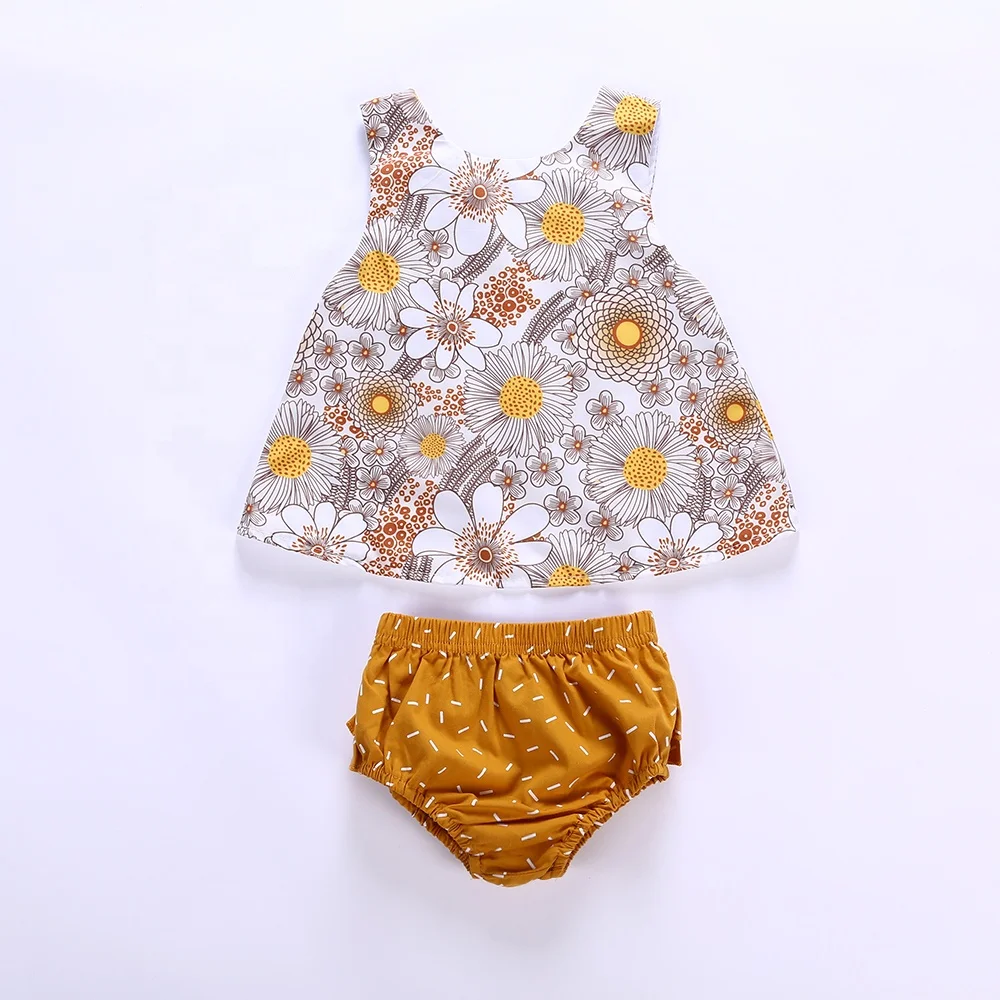 

Summer sleeveless yellow floral vest with briefs prom dress girl wholesale boutique children clothing girls vest clothes sets