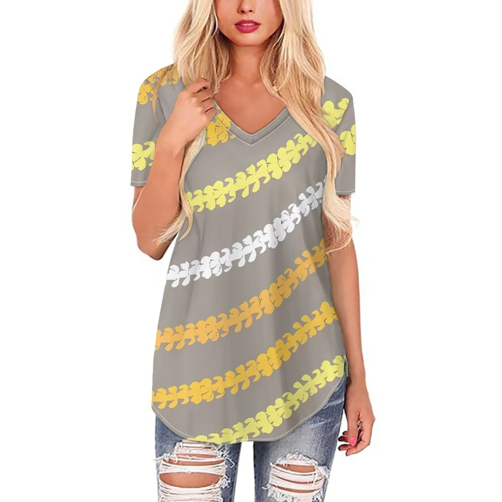 Hawaiian Women's Blouses & Shirts for Women Custom Polynesian Tribal Tattoo Lauhala Hibiscus V Neck Short Sleeve Casual Tee Tops