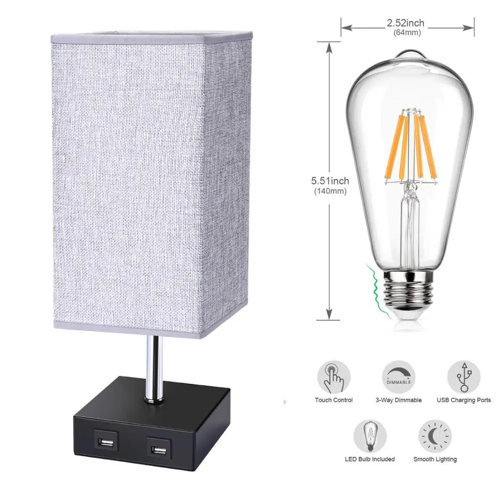
USB table lamp, Bedside lamps with 2 USB charging ports for bedroom, Nightstand lamp with Grey Fabric shade 