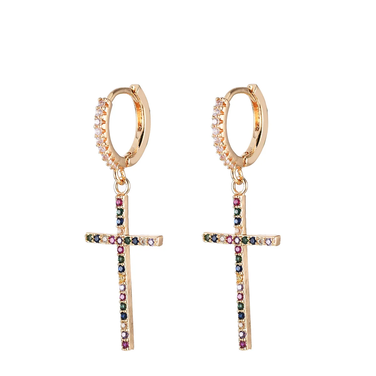 

18K Gold Plated Cross Dangle Earrings For Women Luxury Brass Plated Gold Zircon Diamond Hoop Earring Jewelry Custom, Gold silver earrings women