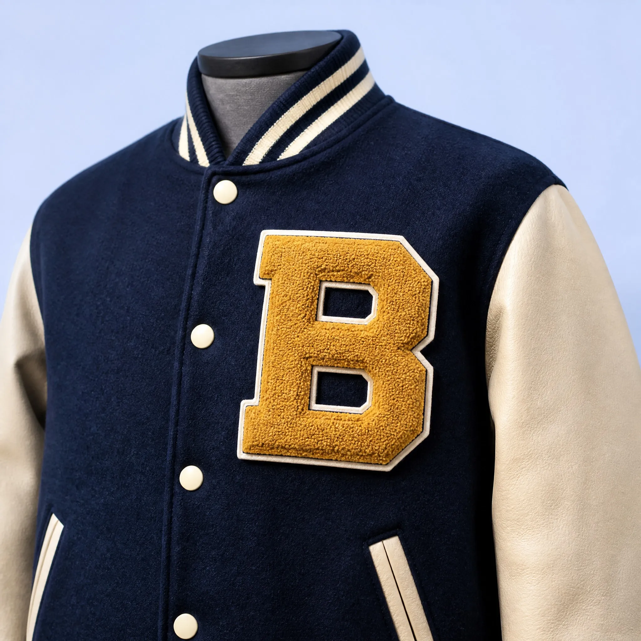Classic Navy Blue Wool Varsity Letterman Jacket with Cream Leather Sleeves Featuring Gold Chenille Letter B on Left Chest