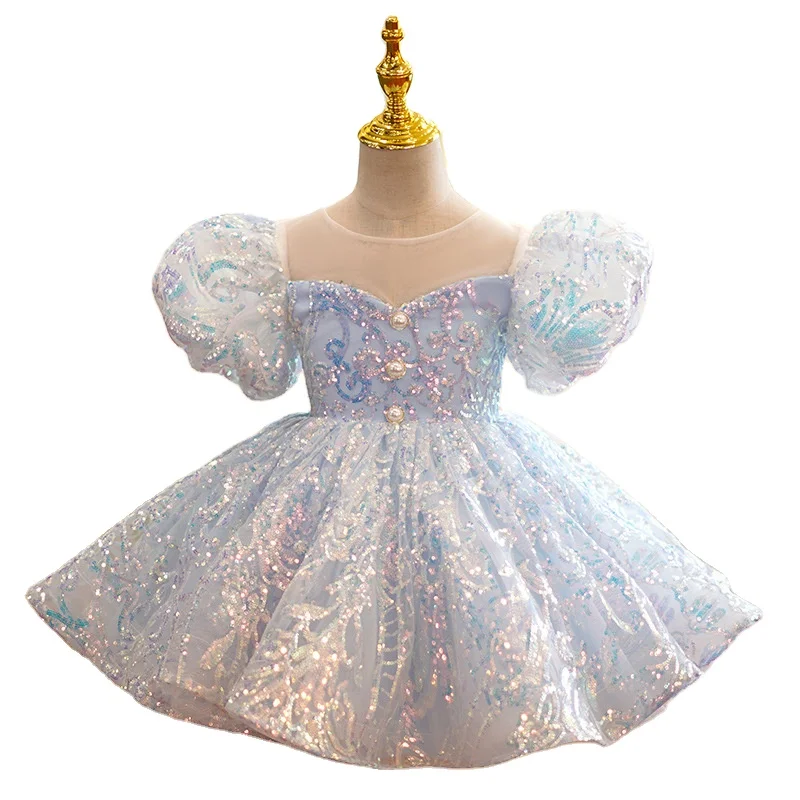 

Summer Elegant Kid Girl Clothing Backless Blue Little Girl Party Dress New Style Lovely Beaded Baby Girl Formal Dress, Picture shows
