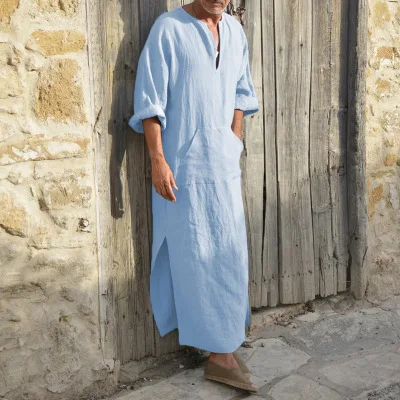 

Man Full Length Cotton Linen Loose T Shirts Half Sleeve Maxi Muslim Style Islamic Men Robes Dress Kaftan Saudi Arabia EA11431