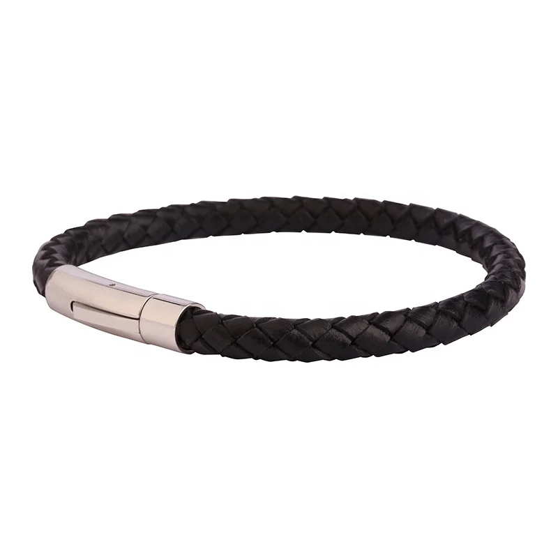 

Brown 6mm Simple Jewerly Braided Snap Button Buckle Men Stainless Steel Leather Snap Bracelet For Gift