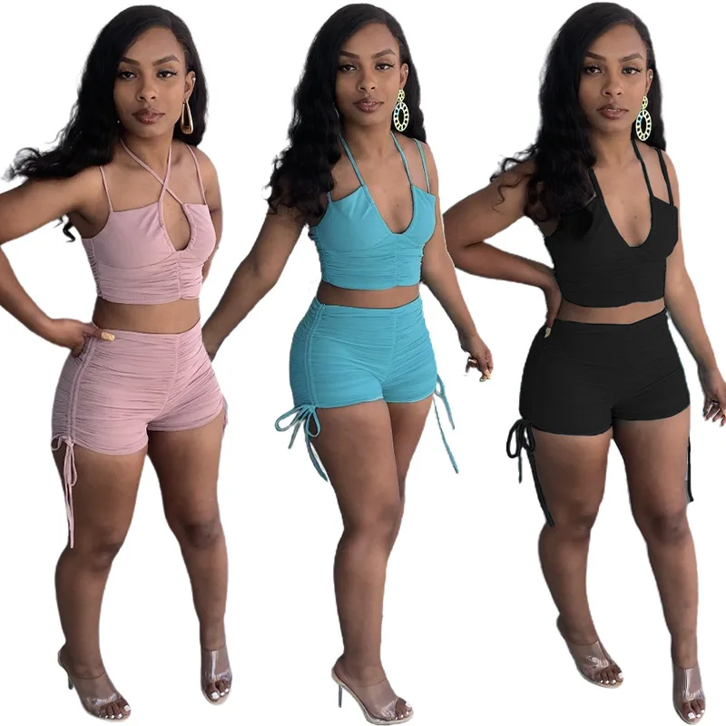 

2022 new casual plain pleated sleeveless straps bandage crop top two piece shorts set summer outfits women, Different color