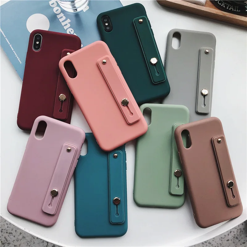 

Free Shipping Solid Color Wrist strap Phone Case for Iphone 6 7 8 X 11 12 Pro Max Shockproof