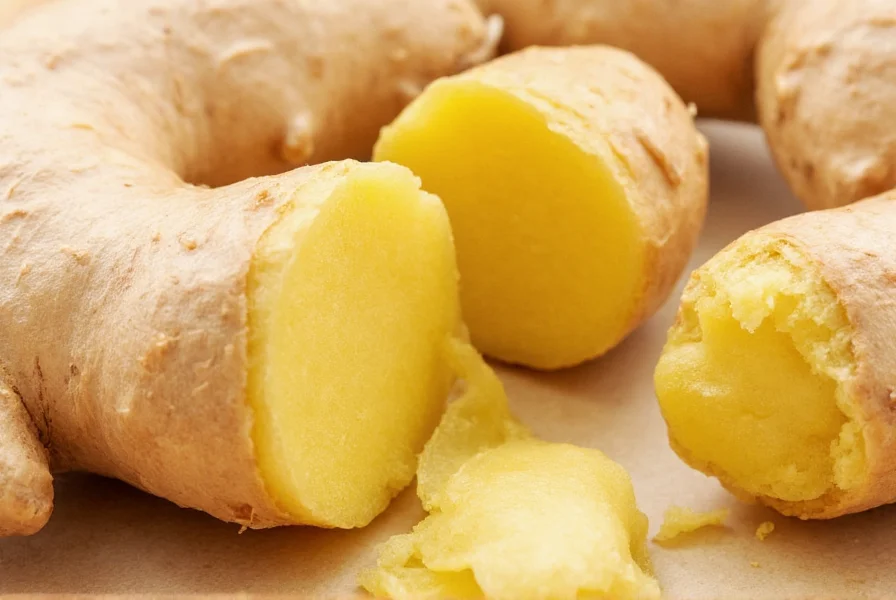 Close-up of raw ginger root showing fibrous texture and golden interior after peeling