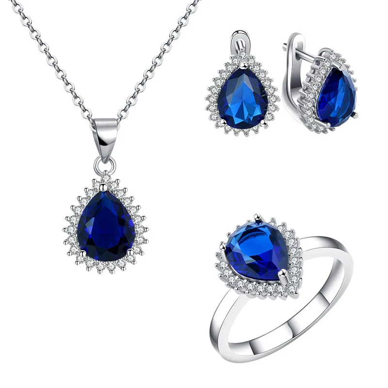 
925 sterling silver high grade sapphire water droplets shine zircon Royal Princess Jewelry Set 