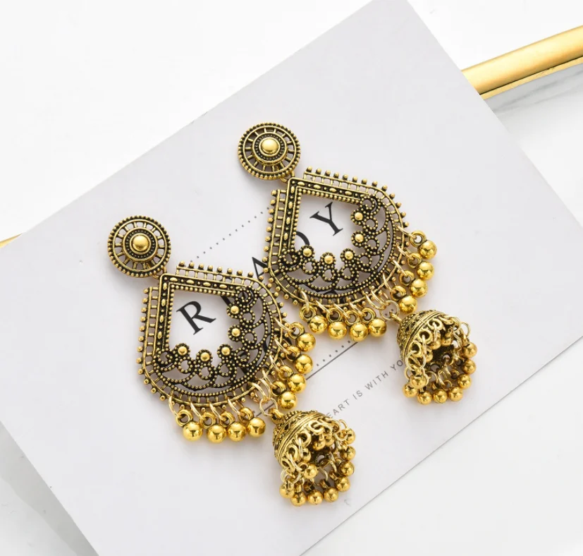 

2022 Fashion Handmade Tassel Earring Indian Jewelry Set Retro Gold Silver Bell Wedding Thailand Jhumka Wholesale Earrings Custom