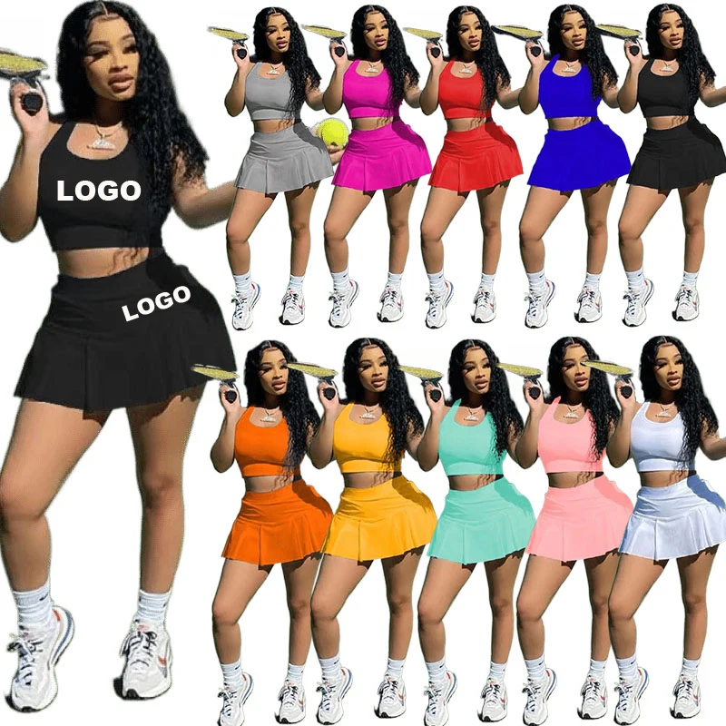 

Custom Logo Summer Women Tracksuit Tennis Skirt Casual Outfits Solid Biker Shorts Set Two-piece Sports Vest Culottes Suit Set, As picture