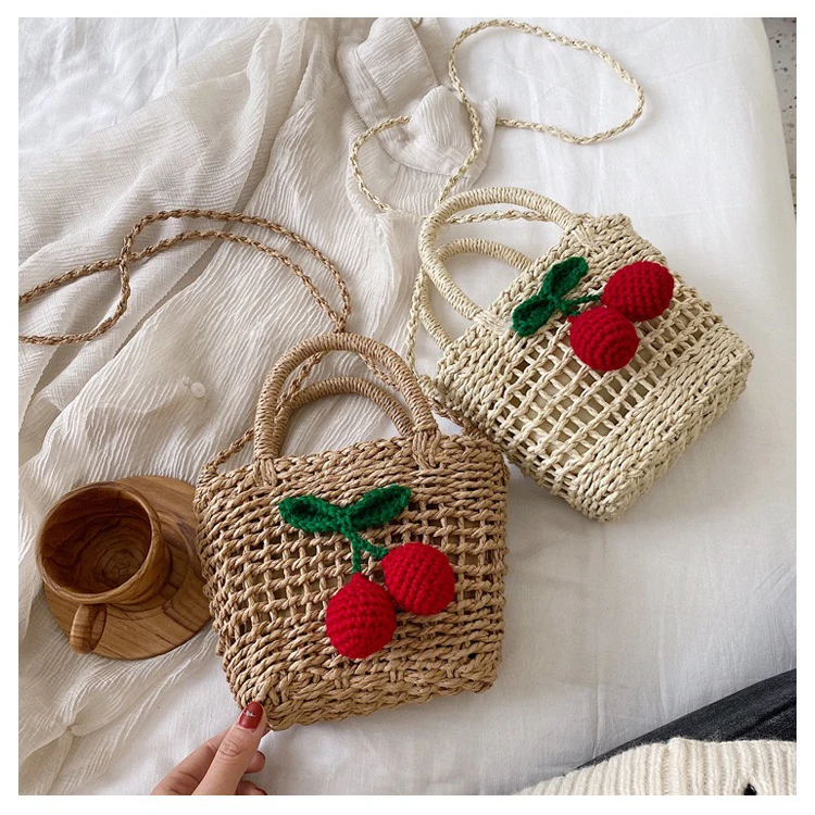 

2021 summer bolsos natural Bali beach cherry tote bag wholesale straw woven bag, Khaki, beige