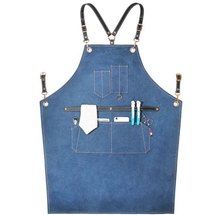 

SunYue Baker Barista Black PU Belt Blue Cotton Heavy Canvas Apron Coffee Shop Worker, Can be customized