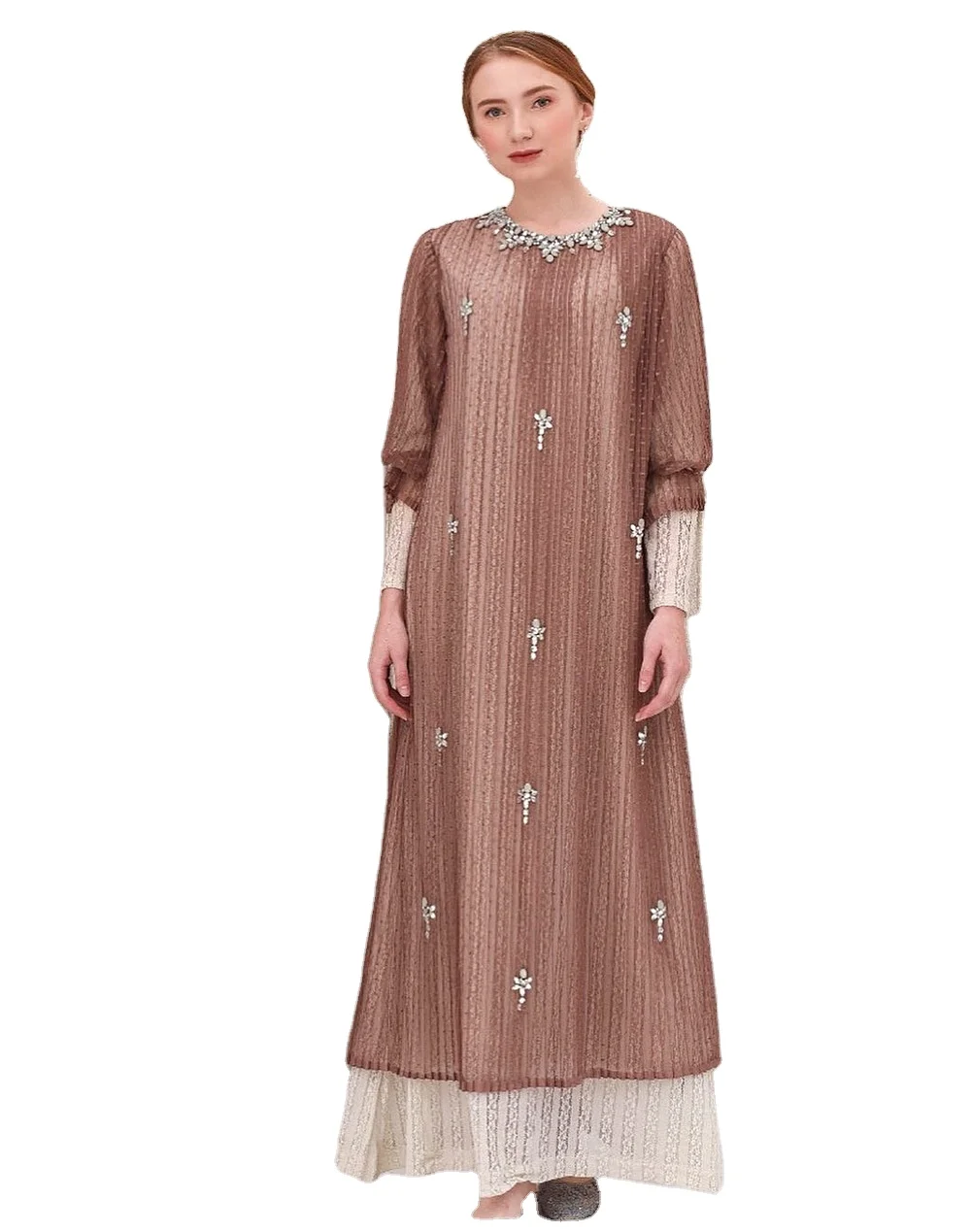 

Wholesale Muslim Rhinestone Lace Long Sleeve Southeast Asia Indonesia Middle East Turkey Women Dress Robe