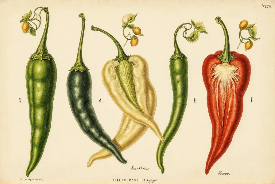 Historical botanical illustration of various pepper varieties showing their fruit structure