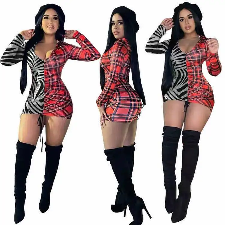 

Spring 2021 plaid patchwork sexy V neck ruched dress women long sleeve mini dress contrast color club dress, 2 as picture