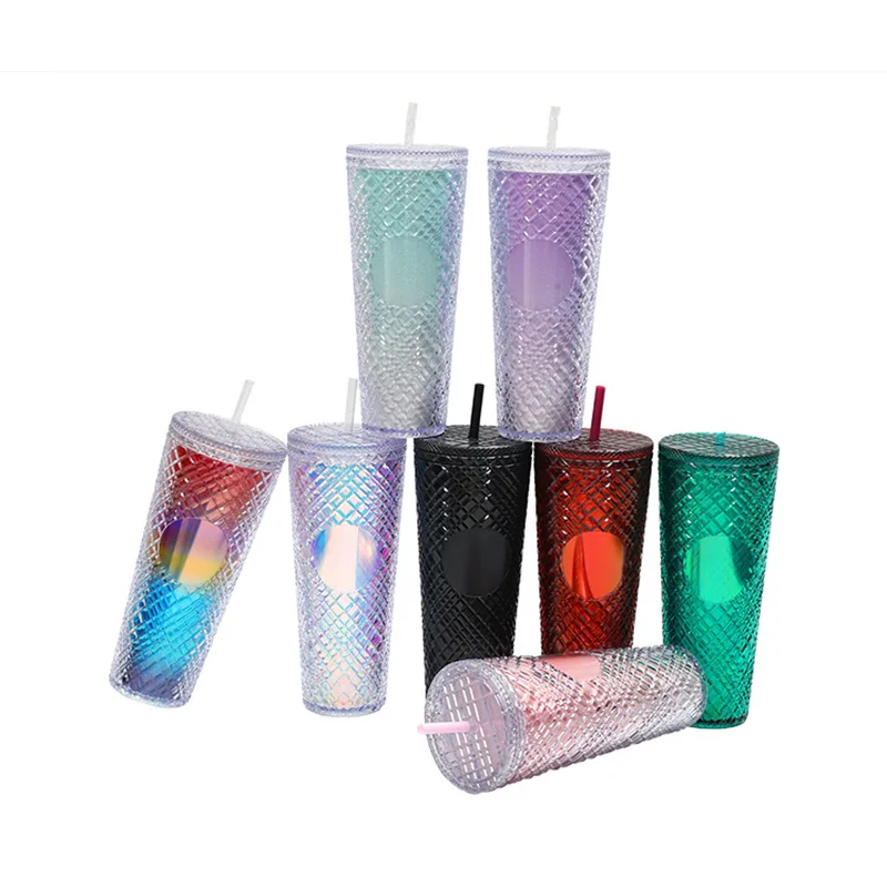 

wholesale plastic 24 Oz 710ml studded tumblers bulk double wall snow globe skinny acrylic tumbler gradient with lid and straw