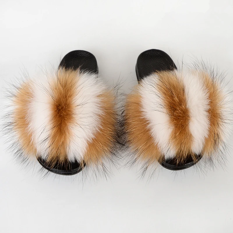 

Wholesale Fox Raccoon Real Mink Fur Slipper Sandals Racoon Fur Slippers Big Racoon Fur Slides For Women, Customized color