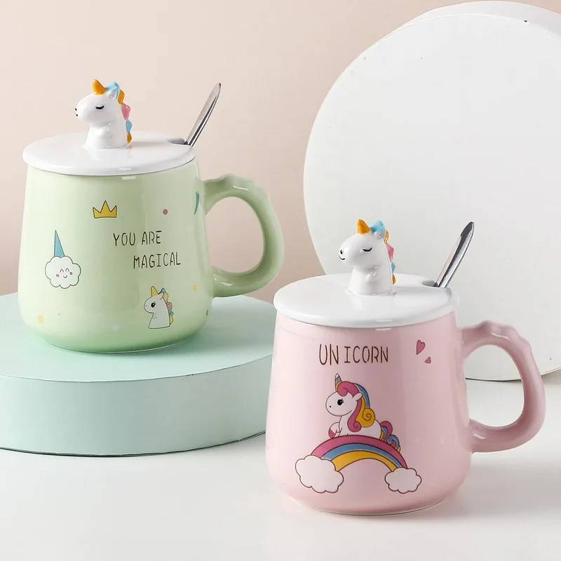 

2021 Doyoung New Product European Cartoon Hand-Painted Unicorn Water Cup Ceramic Mug Student Office Coffee Mug Elegant With Lid, White,green,blue,pink