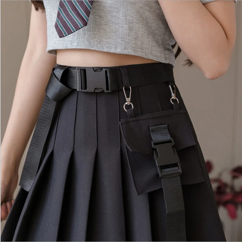 

faldas OEM New Womens Streetwear Tooling Half-length Pleated Skirt Waist chain Black Short Skirt Fashion mini skirts women waist