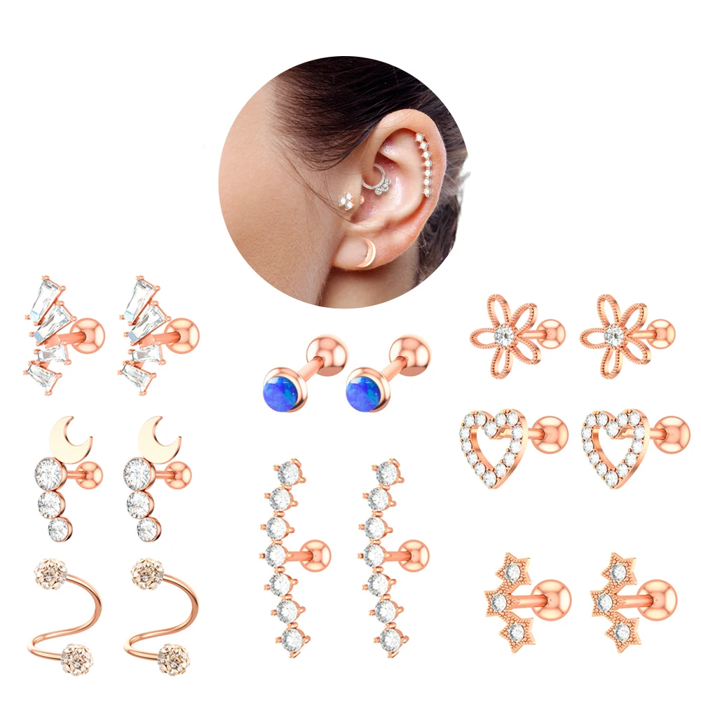 

10Pcs/Set Star Heart Flower Moon Bar Cartilage Piercing Stud Helix Jewelry Tragus Conch Rook Earlobe Screw Statement Earrings, Sliver and rose gold