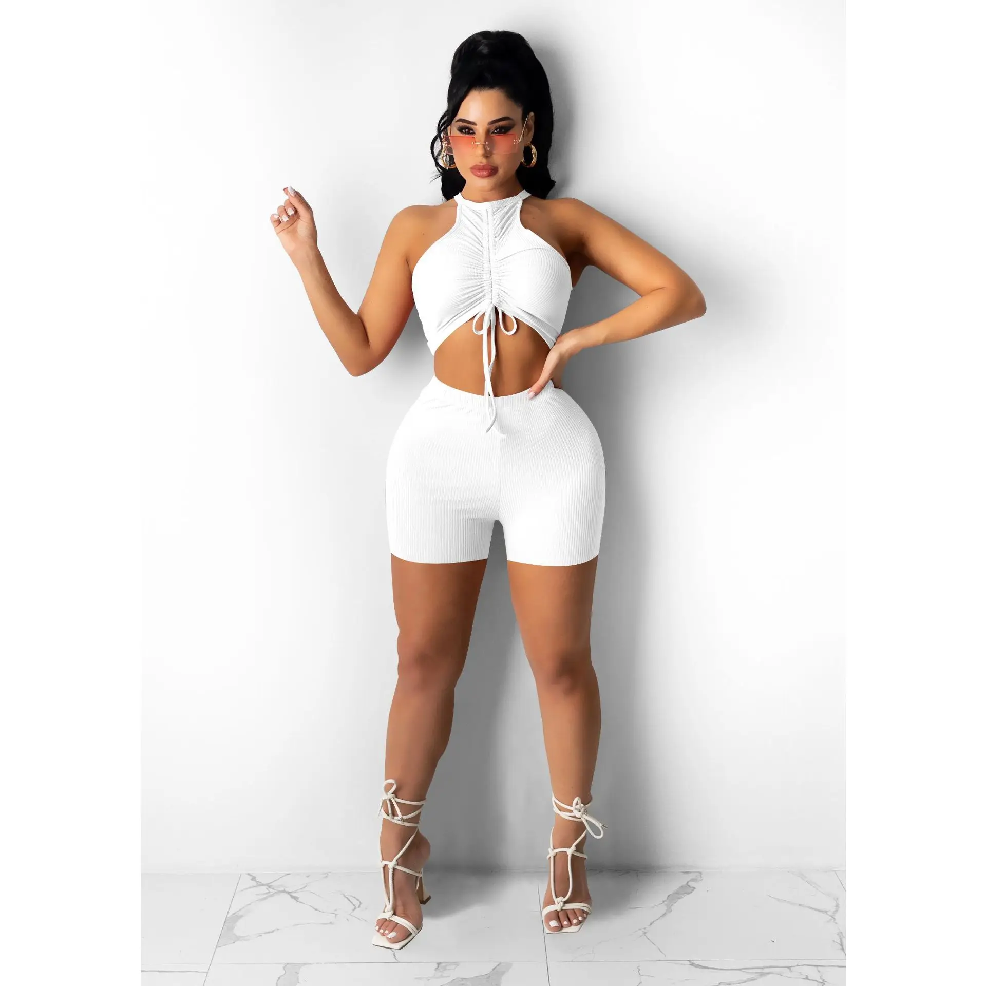 

Women clothing 2021 summer sexy shirred camisole shorts casual fitness sports solid color 2 piece short set women, Show