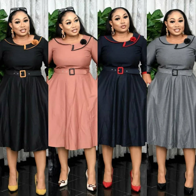

Plus Size Summer Flower Belt Solid Color Elegant Midi Women Office Dresses African