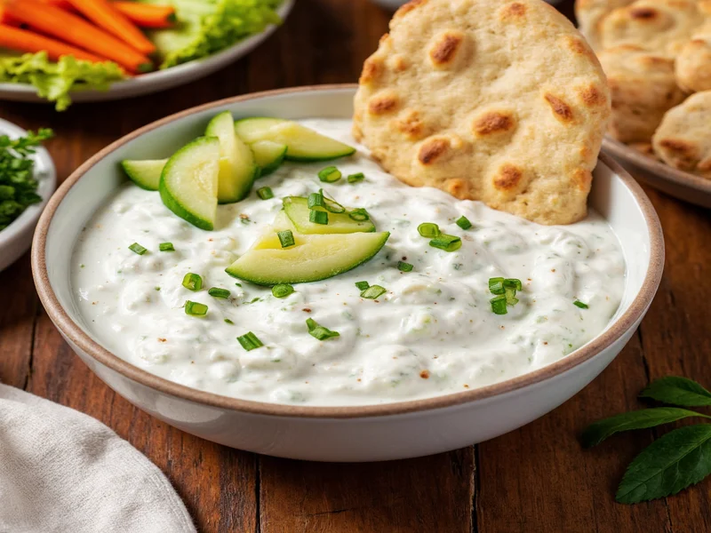Creamy homemade tzatziki in bowl with pita and vegetables