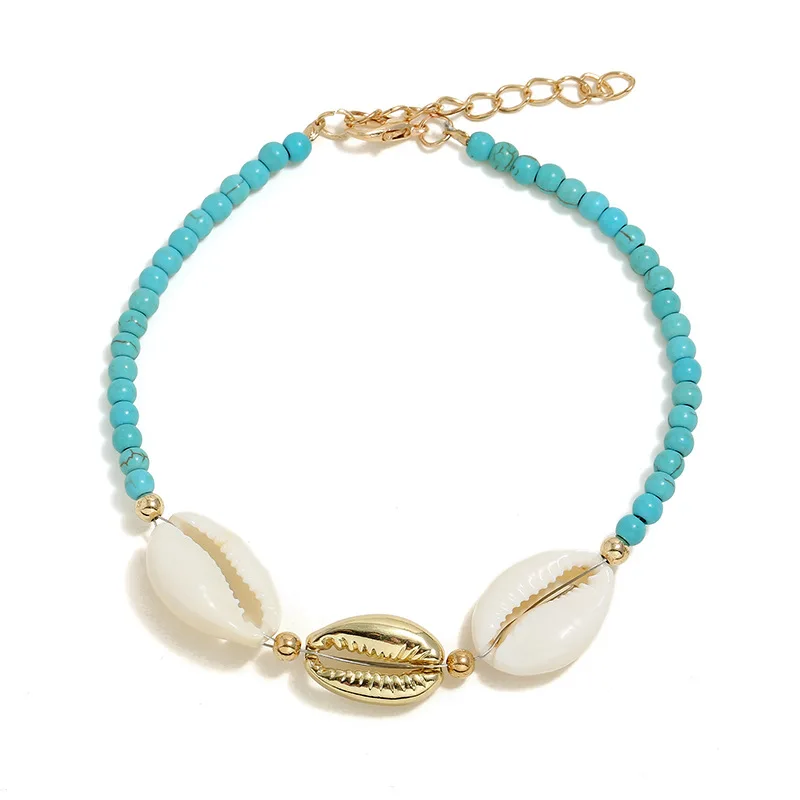 

Hot Sale turquoise Beads Beaded Chain Anklets Beach Gold Sea shell Anklets for Woman