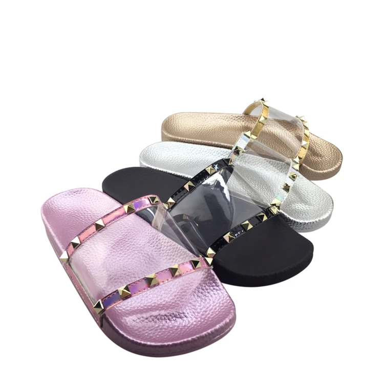 

Latest Flat Casual Slipper Fashion Outdoor Sandal Transparent Woman Shoes, Black/silver/gold