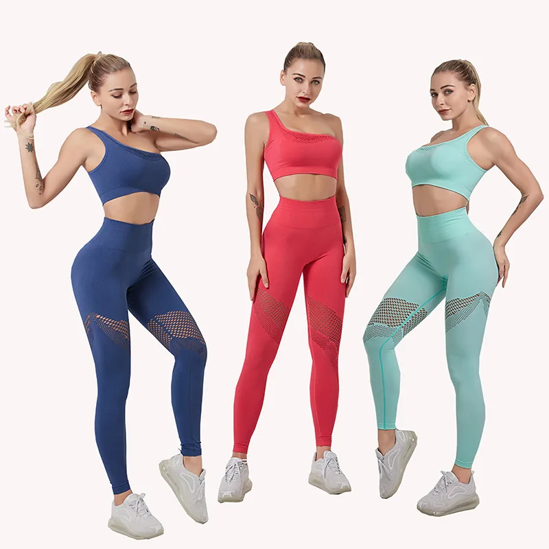 

European and American ins network popular fitness suit single shoulder exercise gathered bra high waist hollow out Yoga Pants
