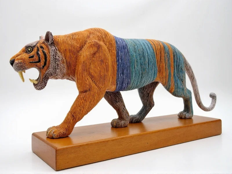 Layered paper tiger sculpture with resin coating on wooden base