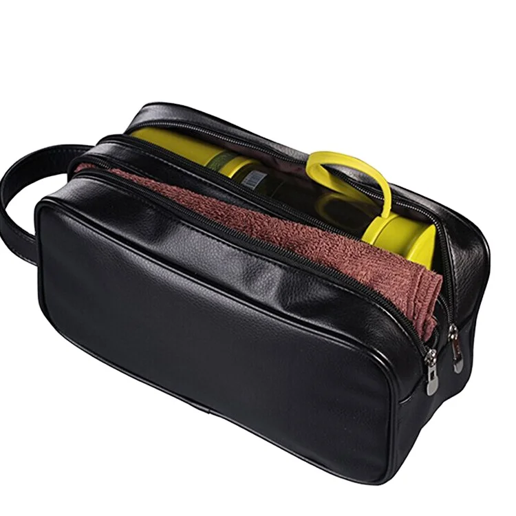 

Alibaba china market black men's pu leather two compartment zipper toiletry bag best men toilet bag