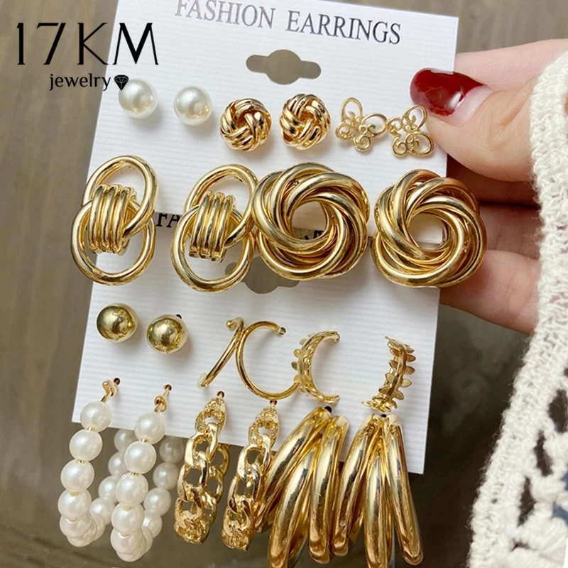 

17KM Vintage Pearl Acrylic Gold Metal Earrings Set Punk Geometric Circle Butterfly Flower Dangle Drop Earrings