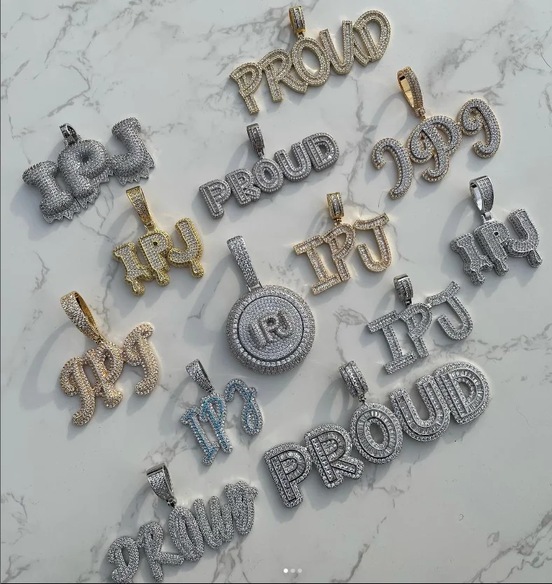 

Hiphop Iced Out Old Cursive Font Initial Letter Custom Name Plate Pendant Charm Cuban Chain Necklace