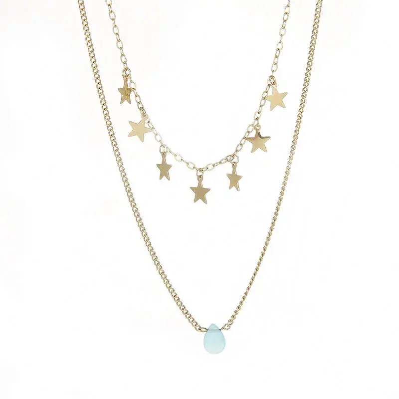 

Double Layer Gold Plated Star Charms Choker Gold Plated Stainless Steel Gem Pendant Chain Necklace