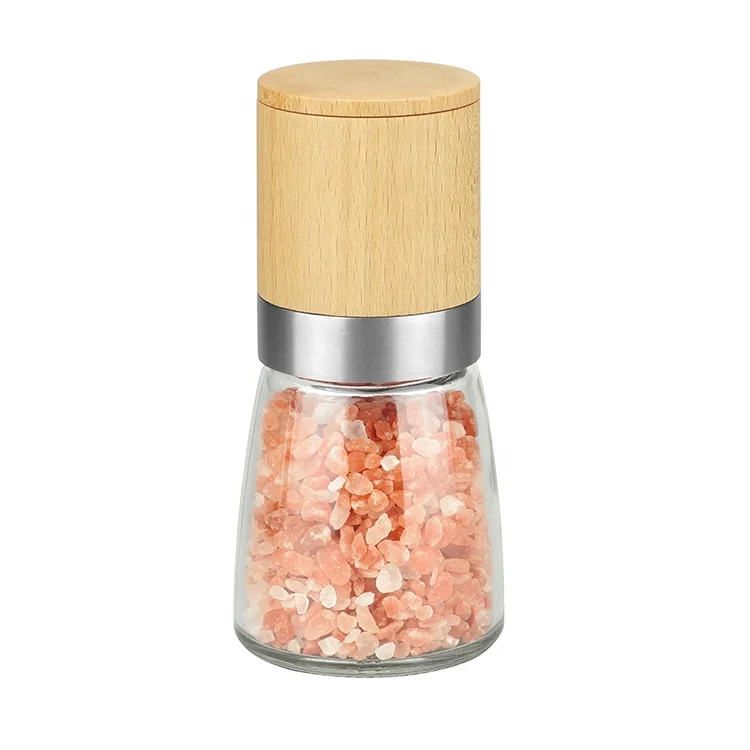 Beech Wood 18/8 Stainless steel ring Ceramic Grinder Salt and Pepper Spice Mill with 140ml glass jar