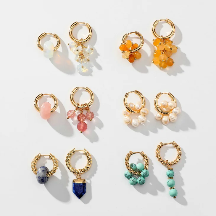 

Handmade Opal Huggies hoop Earrings Brass Asymmetric bead earrings, Gold