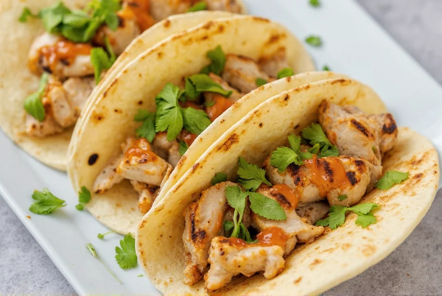 Grilled chicken tacos with fresh cilantro and chili lime sauce drizzle